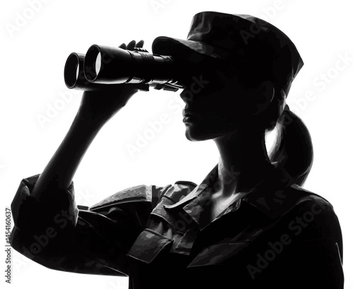 A black and white silhouette of a soldier's girlfriend looking through binoculars. An armed military man. On a white isolated background. Vector graphics. EPS.