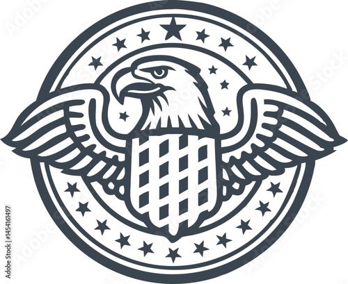 Eagle head inside circular emblem with stars and striped American shield, black and white sketch engraving style vector illustration

