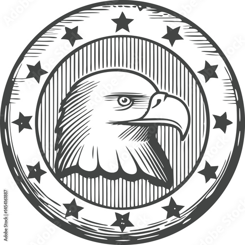 Eagle head inside circular emblem with stars and striped American shield, black and white sketch engraving style vector illustration

