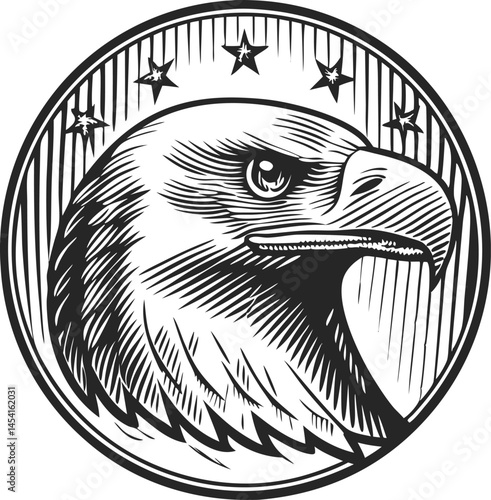 Eagle head inside circular emblem with stars and striped American shield, black and white sketch engraving style vector illustration

