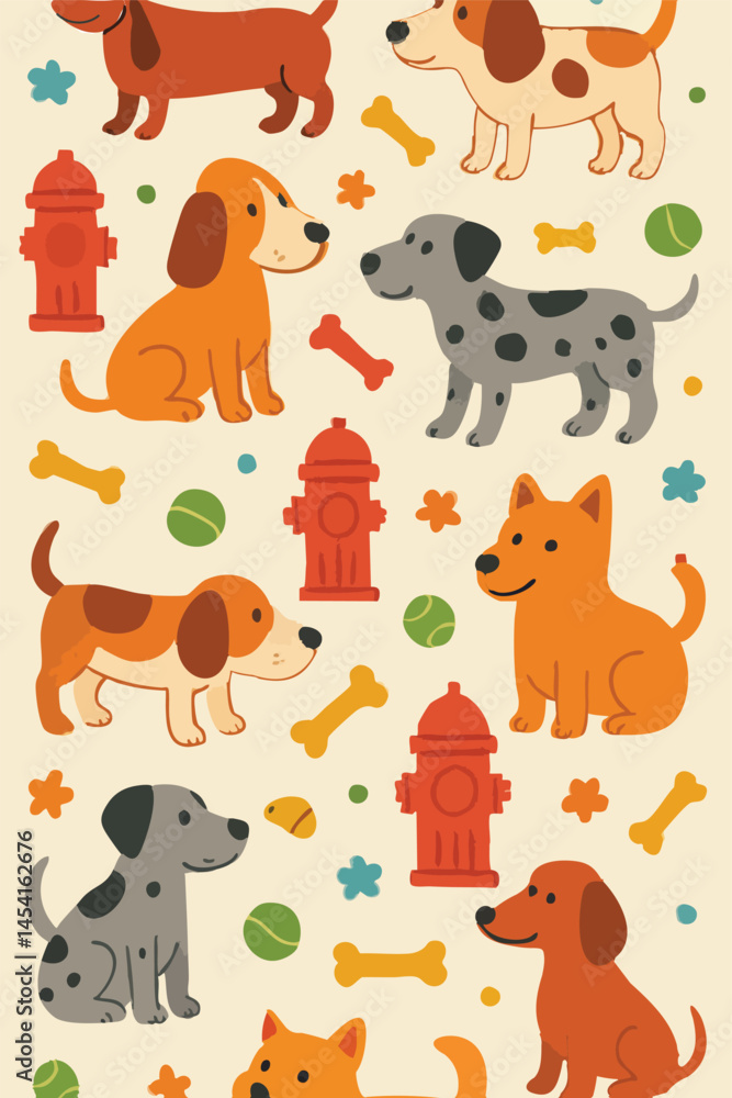 Fototapeta premium A pattern of dogs, fire hydrants, bones, balls, and stars