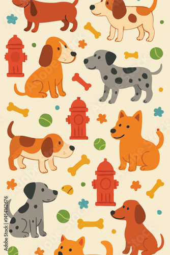 A pattern of dogs, fire hydrants, bones, balls, and stars