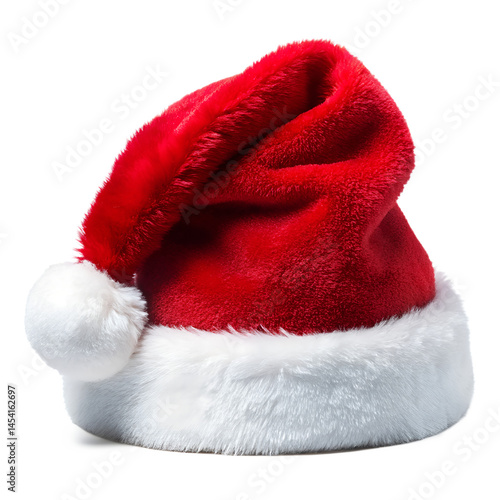 A festive Santa Claus hat with a fluffy white trim and pompom