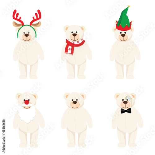 Set of little white polar bear cartoon characters: gentleman, elf, Santa Claus and deer. Funny cute teddy mascot icon set, collection