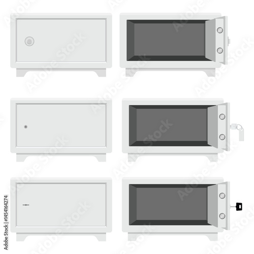 Metal steel safe with keyhole and combination lock for security isolated on white background. Collection of opened and closed safe