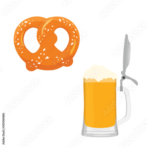 Cold mug of beer with foam and traditional pretzel. Glass of beer with lid