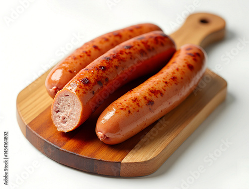 Obraz na płótnie Grilled sausages displayed on a wooden cutting board prepared for a summer barbecue event outdoors w salonie
