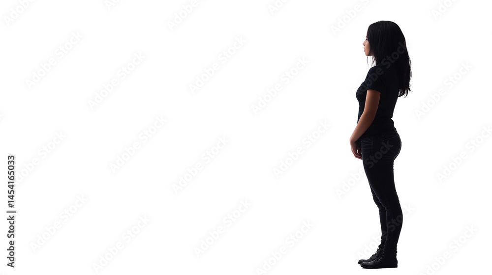 Fototapeta premium Teenage girl standing and looking to the side, back view, waist-up, isolated on white background, PNG format