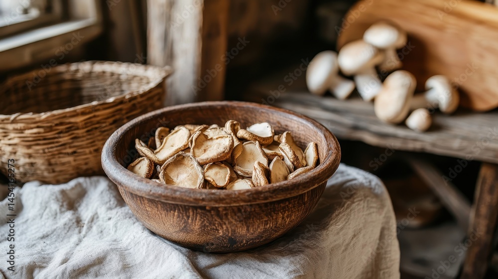 A rustic wooden bowl filled with dried mushrooms sits on a cloth, with fresh mushrooms and baskets in the background. A rustic wooden bowl filled with dried mushrooms sits on a cloth, with fresh mushrooms and baskets in the background.