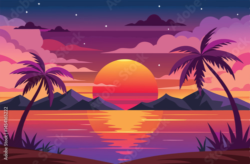 Dreamy Sunset Landscape with Palms