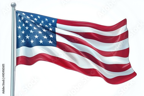 USA flag waving, red stripes and white stars on blue field, on gray flagpole