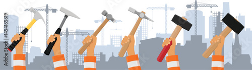 Hand hold various construction tools construction city landscape