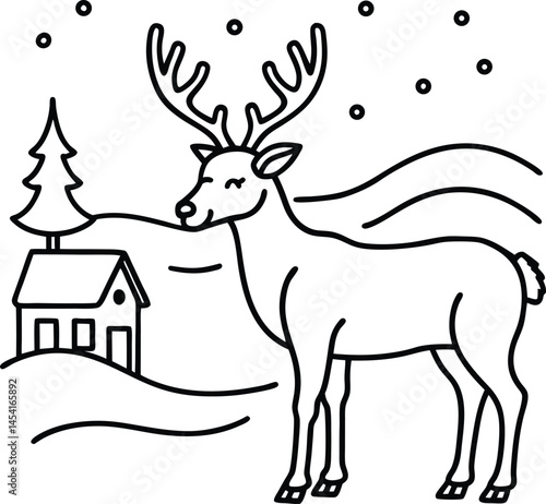 A cute cartoon deer silhouette with winter antlers, a wild mammal illustration in a snowy Christmas nature design