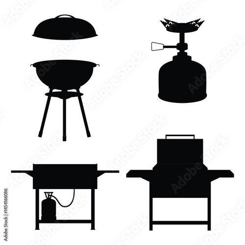 Black silhouette of different types BBQ barbecue grills isolated vector set