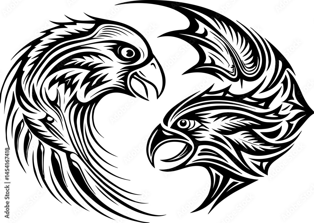 Fototapeta premium SVG vector illustrating sustainable fishing with fishermen. Intricate Black and White Tribal Eagle Design in Circular Formation