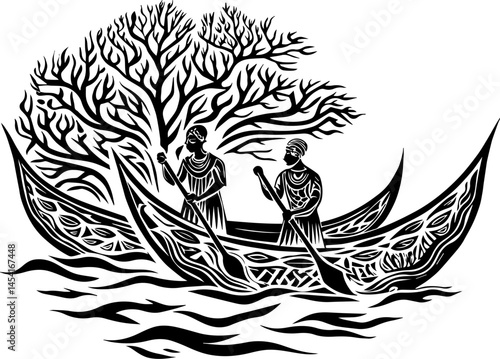 SVG vector illustrating sustainable fishing with fishermen. Traditional Folklore Scene with Two Figures in Canoes by Tree