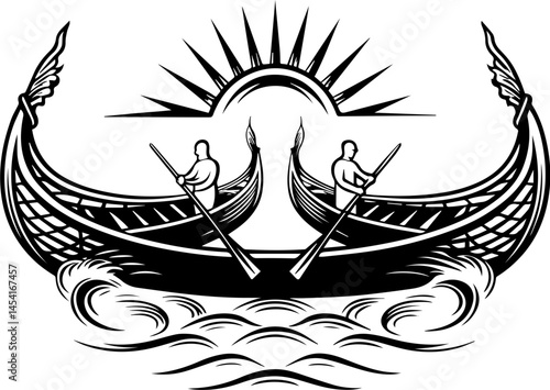 SVG vector illustrating sustainable fishing with fishermen. Two Rowers in Ornate Boats with Rising Sun and Waves