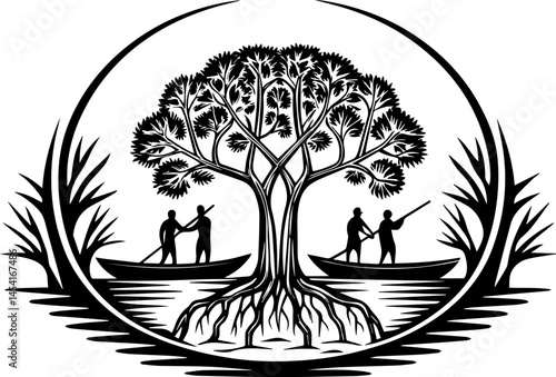 SVG vector illustrating sustainable fishing with fishermen. Beautiful silhouette of fishermen with tree in tranquil waterscape