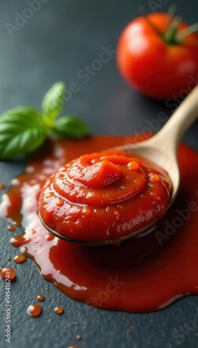 Spoonful of vibrant tomato paste, glossy surface, culinary, cooking, reddish