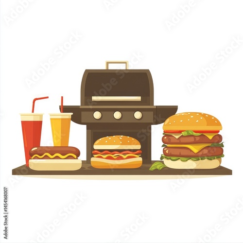 Backyard BBQ feast with burgers, hot dogs, and drinks