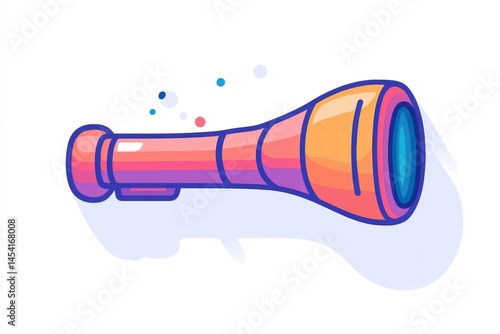 Cartoon telescope pink, orange, yellow with blue lens on white background