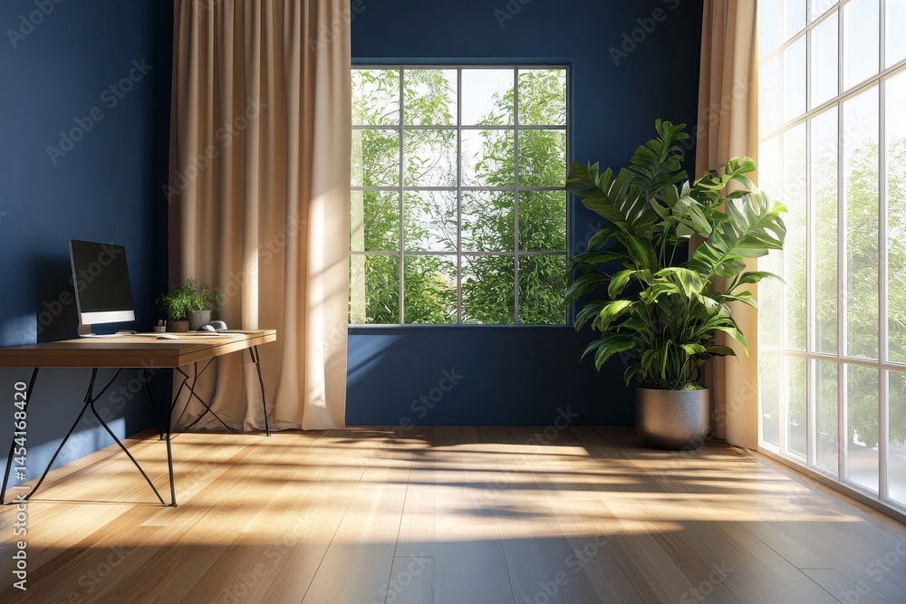 Fototapeta premium Sunlit Modern Home Office Interior with Blue Walls and Hardwood Floors