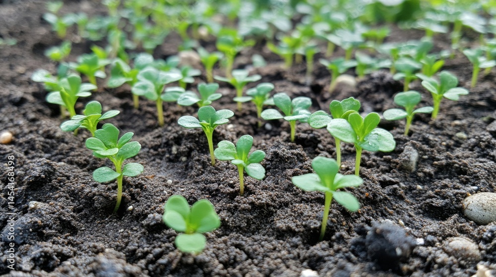 Close Up of Vibrant Green Seedlings Emerging from Dark Soil Close Up of Vibrant Green Seedlings Emerging from Dark Soil