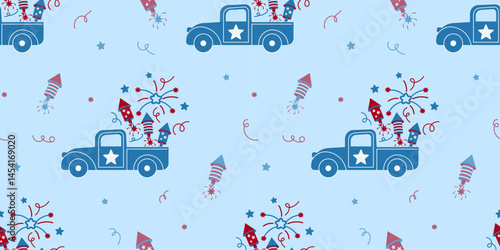 Cute a Truck of Fireworks US Flag Design in Baby Blue Background in a Seamless Pattern 