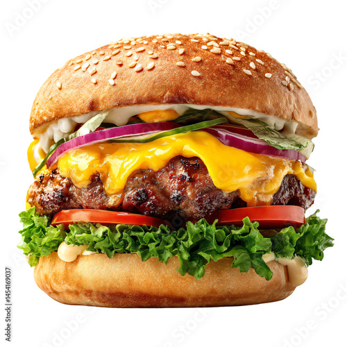 Close up of a classic beef burger with cheese and vegetable layers on top of a bun. Delicious american fast food meal studio shot isolated on transparent background.
