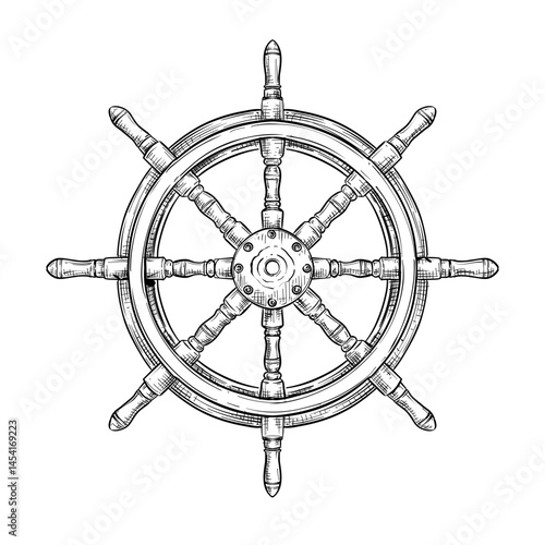ship steering wheel nautical control vector line art hand drawn illustration