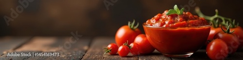 Thick tomato sauce, glass bowl and jar, dark brown backdrop, texture, ripe, sauce