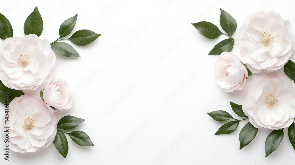 Elegant arrangement of soft pink flowers with lush green leaves on a bright backdrop. Elegant arrangement of soft pink flowers with lush green leaves on a bright backdrop.