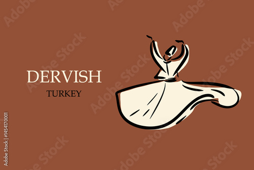 Dancing dervish. Sufi religious dance. Vector illustration hand drawn, line drawing, texture. Card.