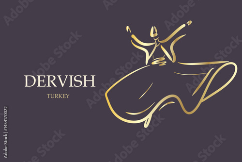 Dancing dervish. Sufi religious dance. Vector illustration hand drawn, line drawing, texture. Card.