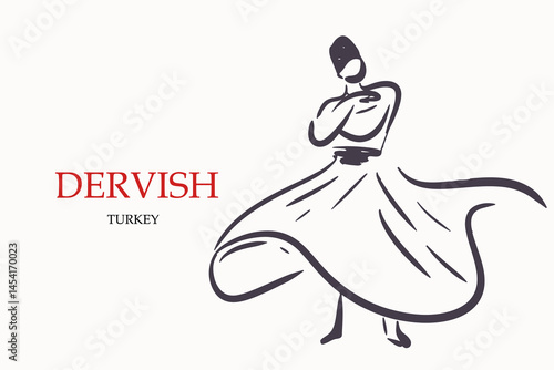 Dancing dervish. Sufi religious dance. Vector illustration hand drawn, line drawing, texture. Card.