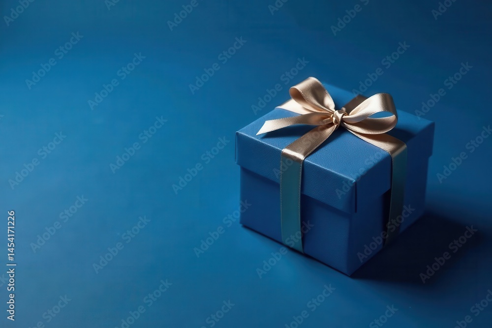 Elegant blue gift box with bow on dark blue surface , masculine, blue bow Elegant blue gift box with bow on dark blue surface , masculine, blue bow