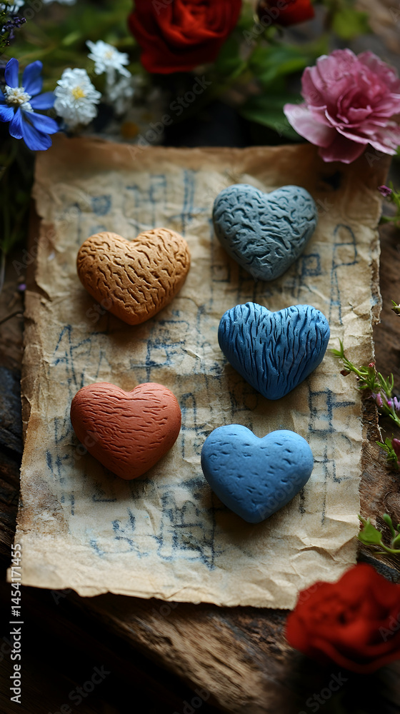 Four heart-shaped, textured ceramic ornaments in shades of blue, red, and brown, arranged on a weathered parchment background Four heart-shaped, textured ceramic ornaments in shades of blue, red, and brown, arranged on a weathered parchment background