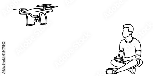 Man Controlling a Drone: A Modern Technology Interaction, illustration depicts a man sitting cross-legged on the ground, operating a drone with a remote controller. 