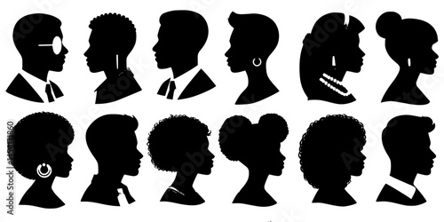 Silhouette Profiles of Diverse Individuals, image showcases twelve silhouette profiles of individuals, each with distinct hairstyles and accessories. Arranged in two rows with six silhouettes in each 