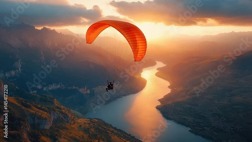 Paragliding Sunset Mountain River.