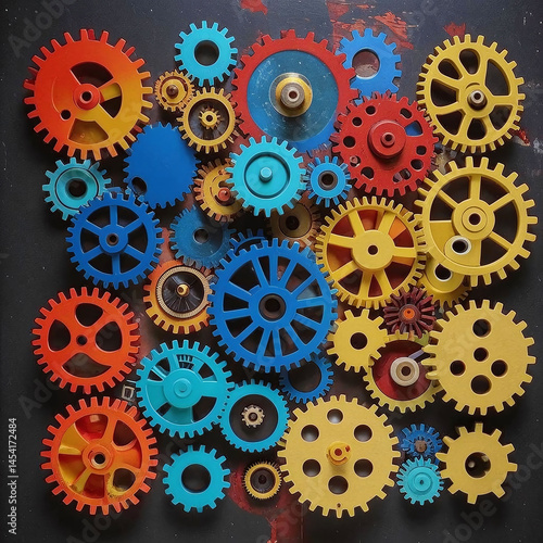 Wallpaper Mural Assortment of multicolored gears interlocked on a dark backdrop. Each gear features distinct colors and sizes, symbolizing mechanical complexity and teamwork. Torontodigital.ca