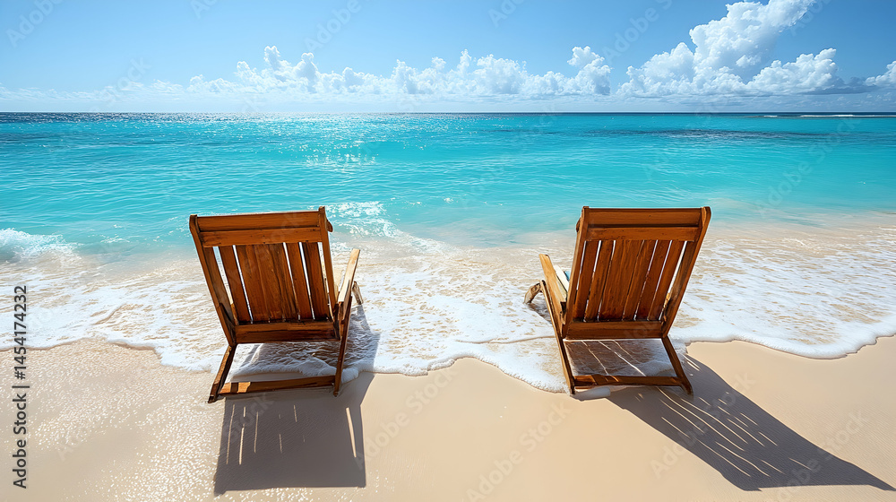Two wooden chairs sit on a white sandy beach, facing a sparkling turquoise ocean under a bright blue sky with fluffy white clouds Two wooden chairs sit on a white sandy beach, facing a sparkling turquoise ocean under a bright blue sky with fluffy white clouds