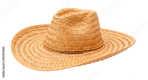 Classic woven straw hat with a wide brim, ideal for sun protection and warm-weather style. Summer accessory.