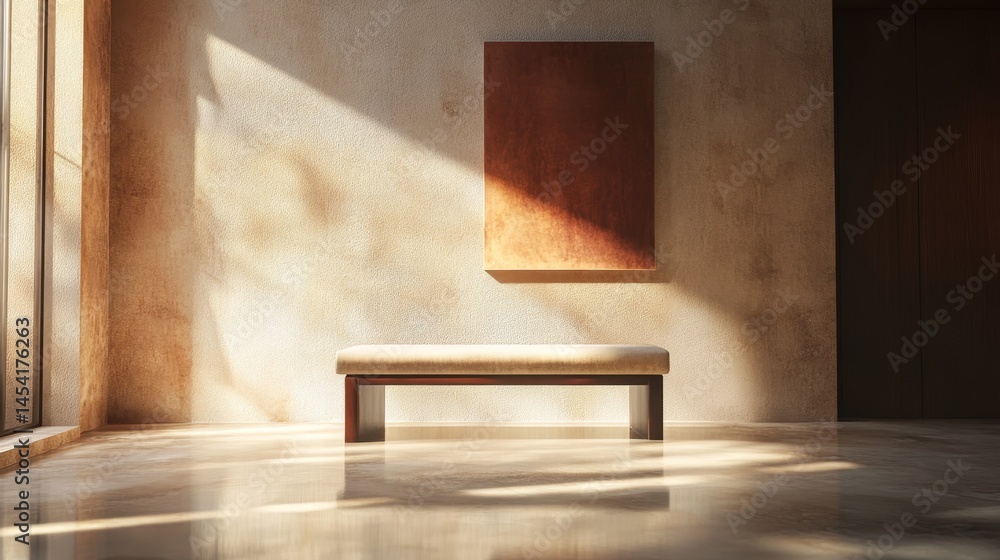 A spacious, contemporary office environment featuring a minimalist design with wooden bench, large windows allowing sunlit illumination and an art piece on the wall.