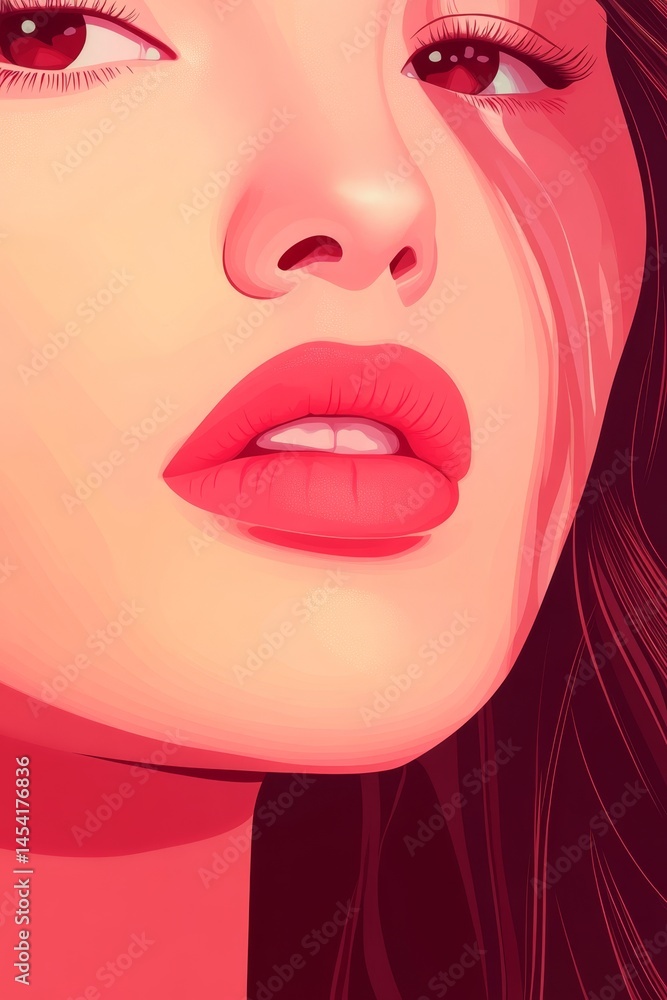 Modern art with pop culture style, bright red lipstick on lips of woman with dark hair.