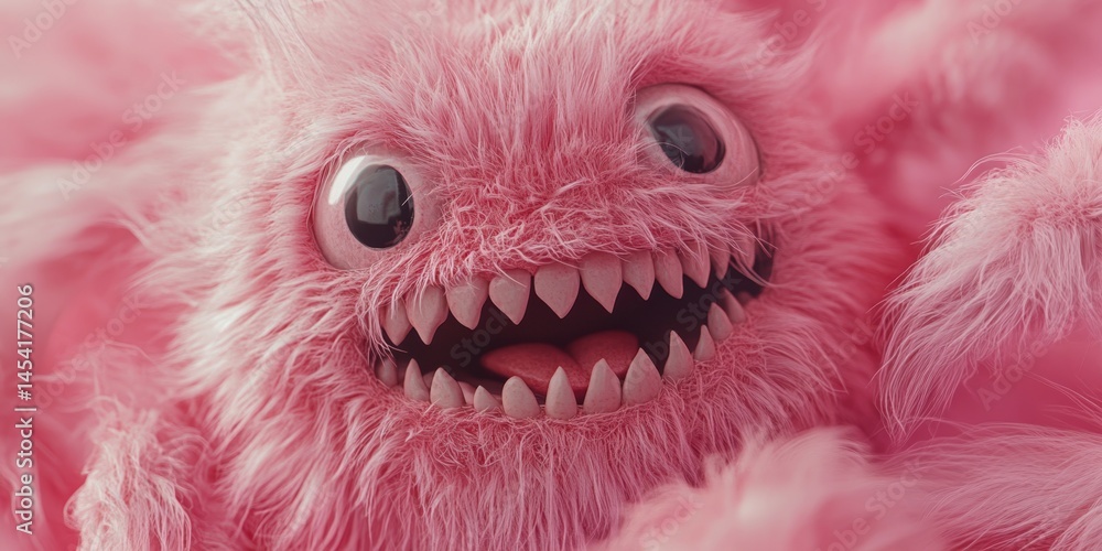 Soft, pink fuzzy monster with big eyes and sharp teeth, cuddly yet scary.