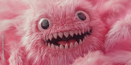 Obraz na płótnie Soft, pink fuzzy monster with big eyes and sharp teeth, cuddly yet scary. w salonie