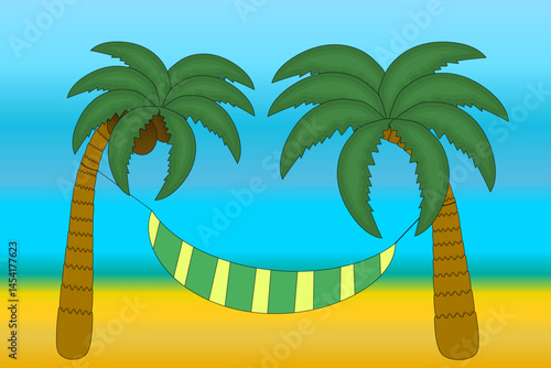 Summer illustration of tropical palm trees with coconuts and striped hammock against a blue sky, sand and sea. Coconut palm on the beach. Ideal for summertime, beach vacations, and outdoor designs.