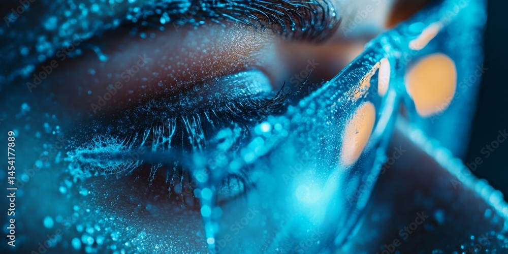 Close-up of an eyeball with blue lighting that enhances the detail of the skin texture.