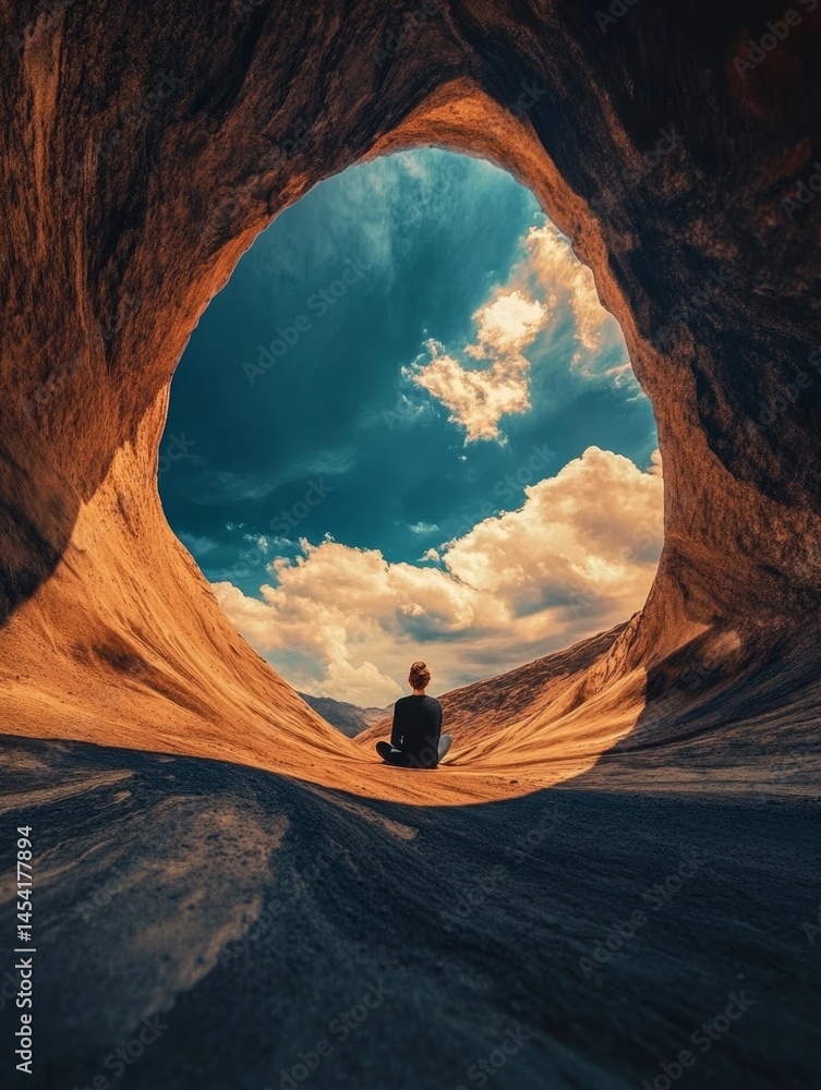 A person meditates inside a large natural rock cave, with the dramatic sky above reflecting in its interior. This serene image captures solitude and reflection amidst the beauty of desert landscapes.